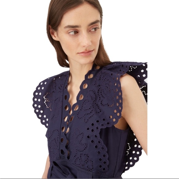 Rebecca Taylor Ariana Eyelet Embroidered Navy Indigo Blue Jumpsuit | Size 8 - Picture 3 of 11